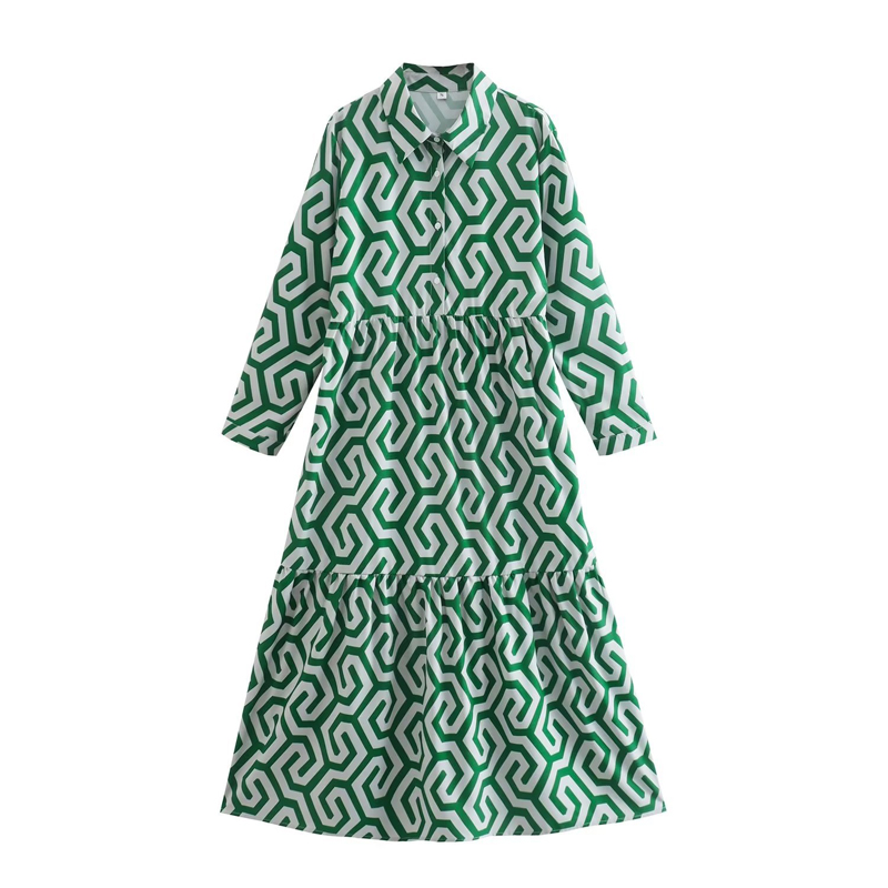 Women Casual Print Full Sleeves Dress Ladies Vintage Turn Down Collar Pleated Dresses 2022 Summer Female Fashion Midi Robe alx