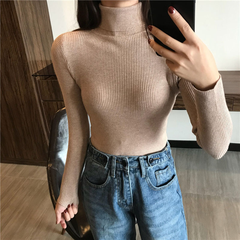 2021 Autumn Winter Brown Women’s Turtleneck Sweaters White Knitted Pullover Sweater Long Sleeve Slim Jumper Tops Soft Pull Femme alx