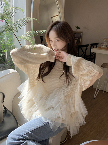 Sweet Mesh Patchwork Long Sleeve Sweater Women Autumn Winter 2022 Elegant Solid Fairy Knitted Pullovers O-neck Loose Y2k Jumpers alx