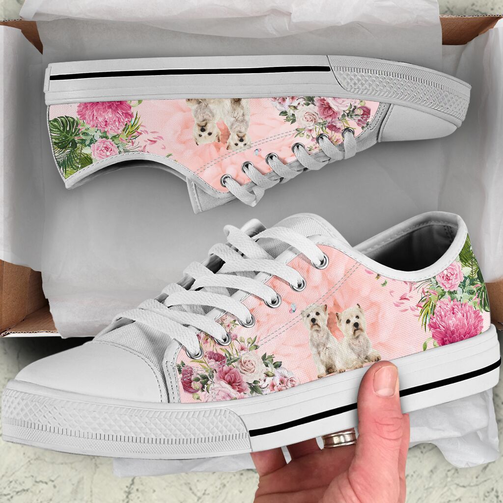 Westie Flower Low Top Personalized Shoes Custom Name, Text For Women, Men