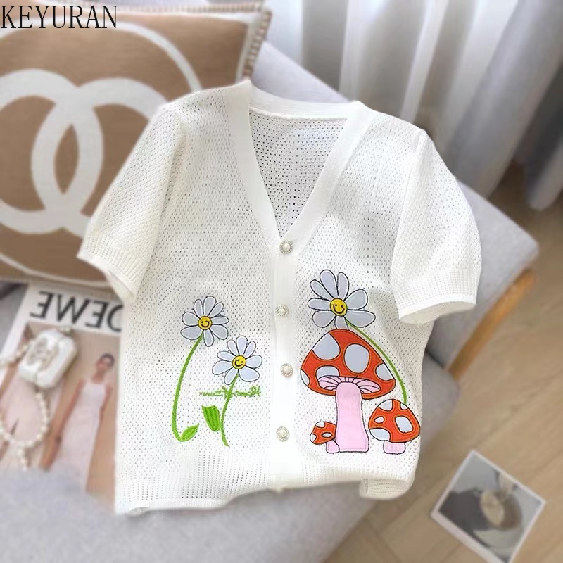 2022 Summer Short-sleeved Knitted Sweater Cardigan Women’s Thin Mushroom Flower Embroidered Ice Silk Knitwear Top Woman T-Shirt alx