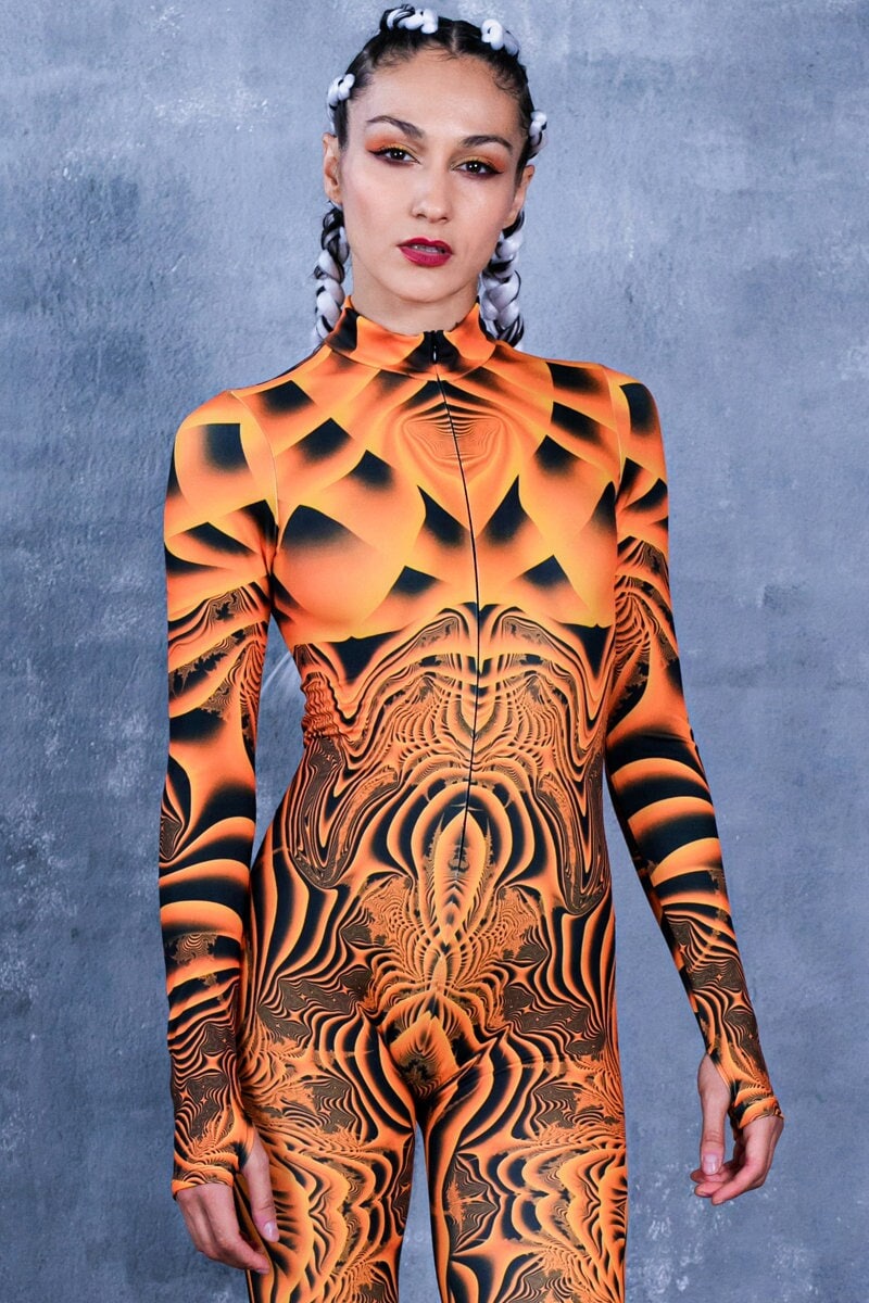 Orange Psychedelic Costume, optical illusion catsuit, aerial costume, rave bodysuit costume, one piece rave outfit, festival clothing women