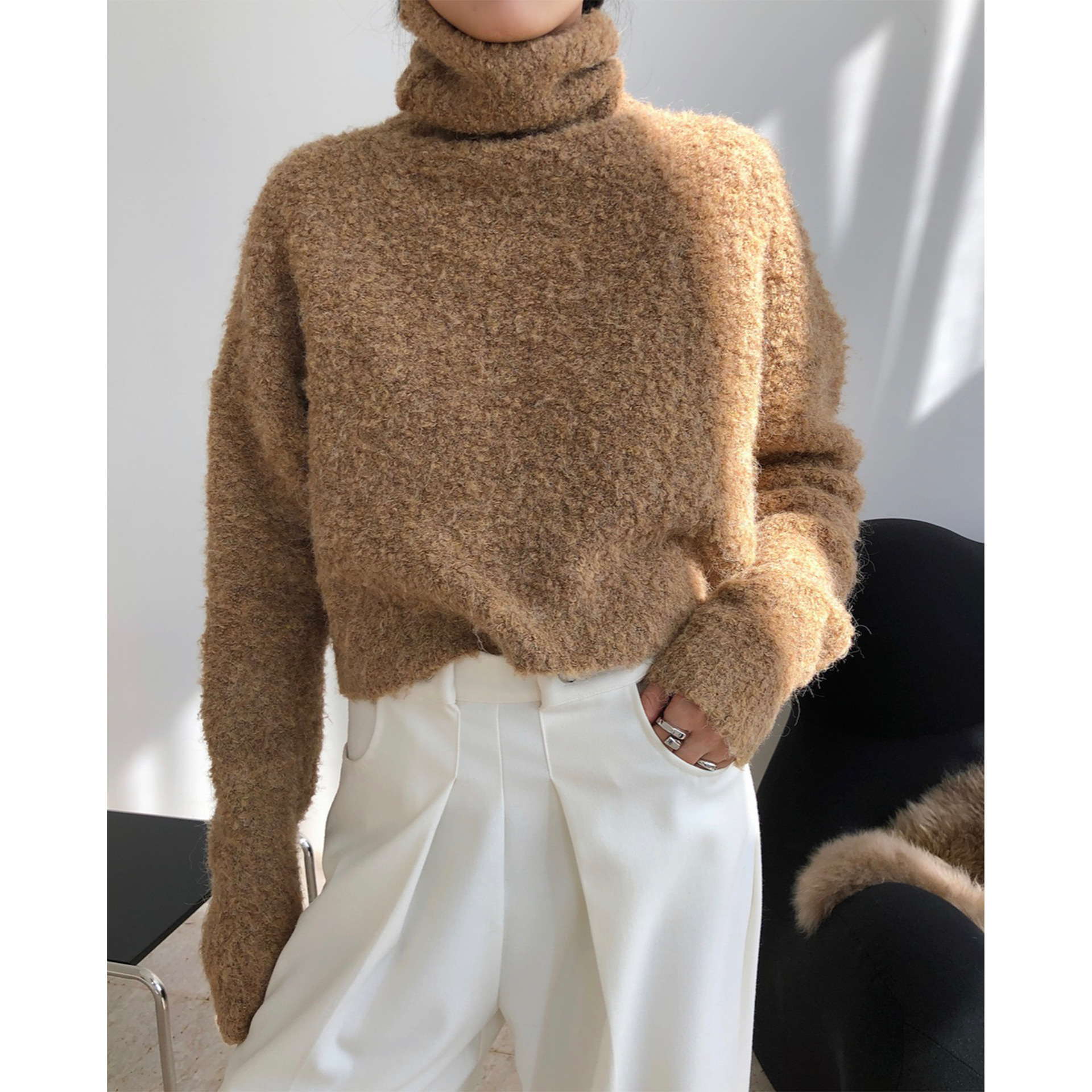 Cropped Fluffy Turtleneck Sweater Women Chic Wool Blended High Neck Jumper Fall Winter alx