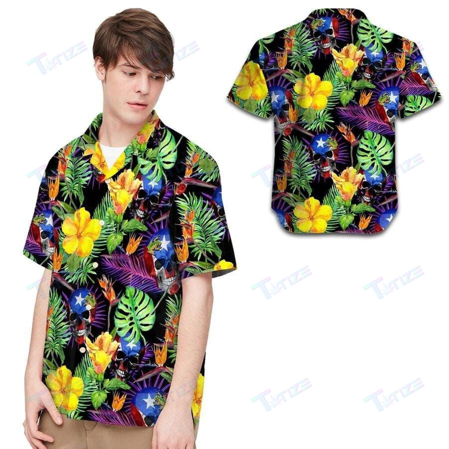 Puerto Rico Skull Tropical Flowers All Over Printed Hawaii Shirt Size S Ha13931