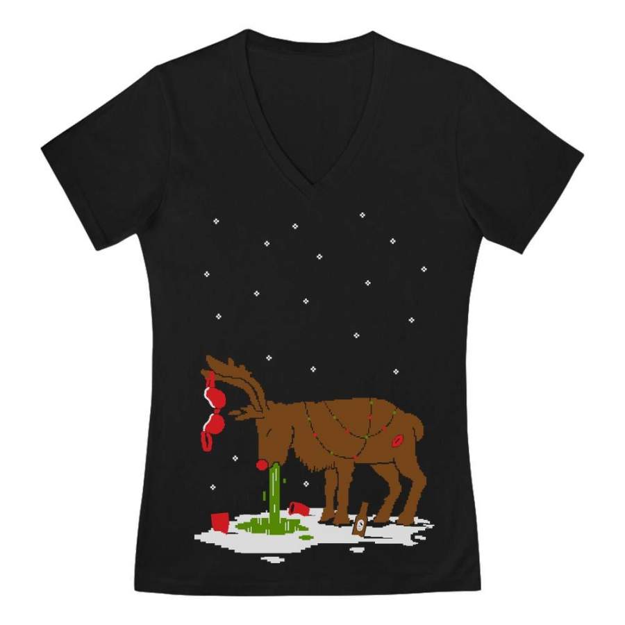 Xmas Reindeer Hangover Ugly Christmas Party V-Neck Fitted Women T-Shirt