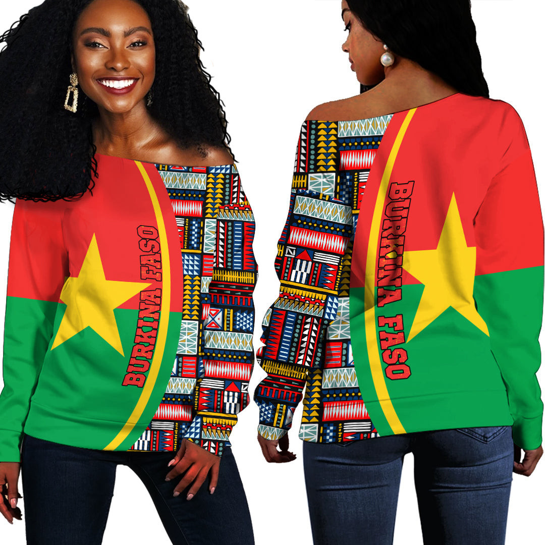 Africazone Clothing – Burkina Faso Flag And Kente Pattern Special Women’S Off Shoulder Sweaters A35