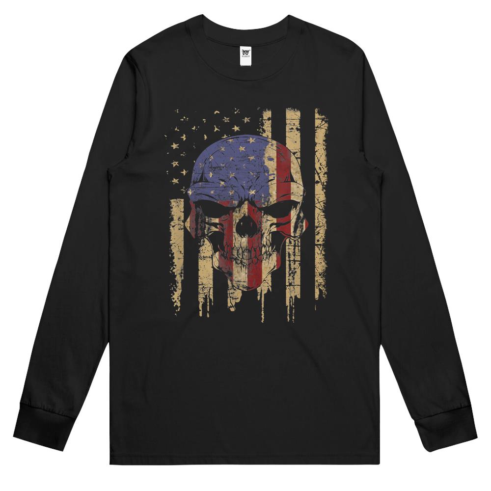 Us Flag Skull Patriotic American Death Grim Reaper Gift Long Sleeve T Shirts