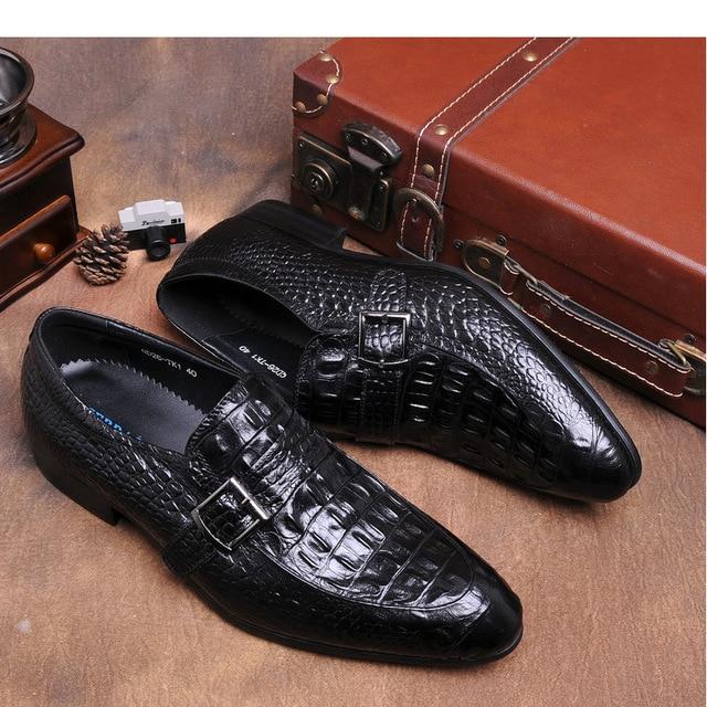 New Luxury Black Dress Shoes Men Pointed Toe Double Buckle Crocodile Pattern Business Leather Shoes