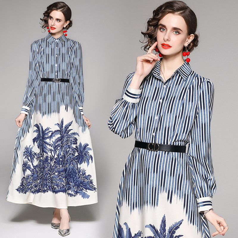 New Arrival Spring Summer Fall Autumn Runway Vintage Floral Print Collar Long Sleeve Women Ladies Party Casual A-Line Maxi Dress alx