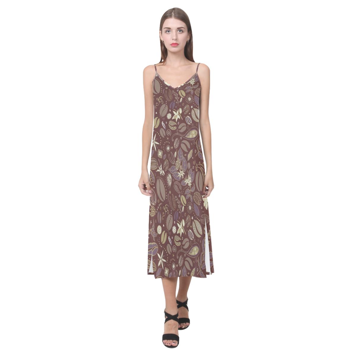 Coffee bean flower pattern V-Neck Open Fork Long Dress