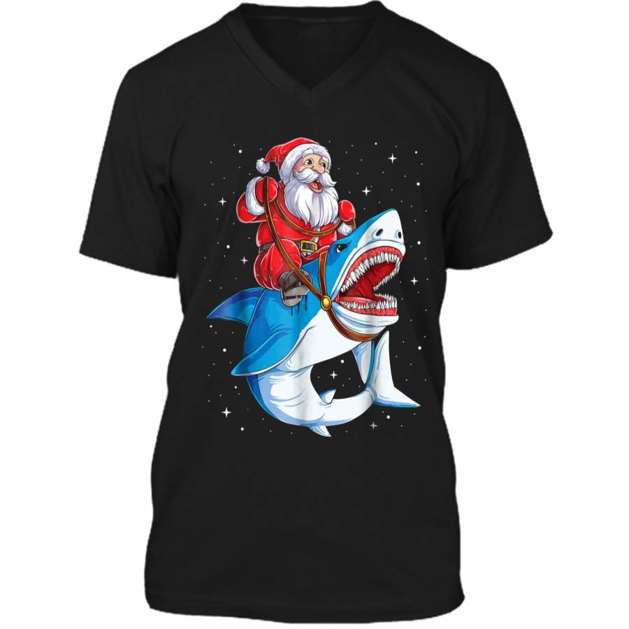 Shark Christmas  Boys Santa Shark Kids Sharkmas Xmas Mens Printed V-Neck T