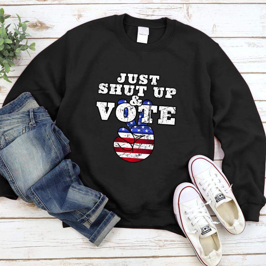 JUST SHUT UP & VOTE Distressed Peace Democratic Republican Long Sleeve  Sweatshirt