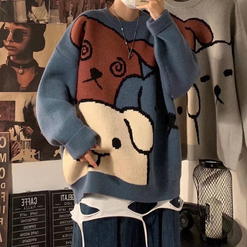 YlSHioo Harajuku Cartoon Bear Vintage Sweater Men Winter Warm Thick Knitted Pullovers 2021 Couples Sweater Hip Hop Clothing Men alx