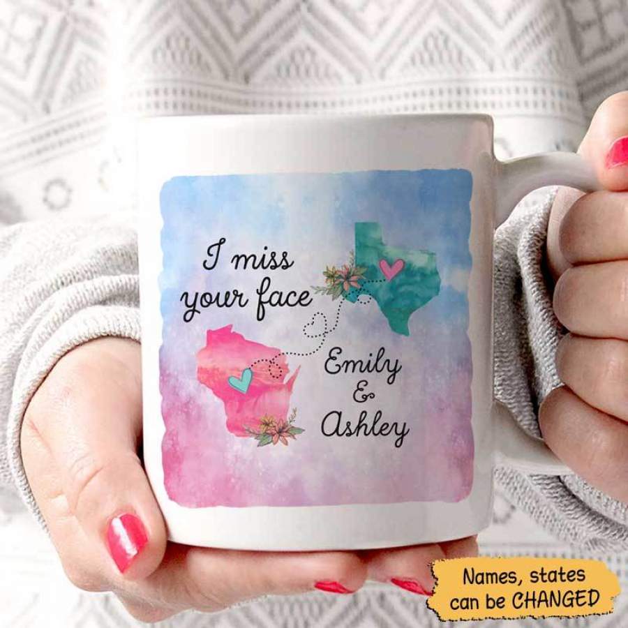 Long Distance Relationship Gift Besties I Miss Your Face Watercolor Flower State Personalized Coffee Mug