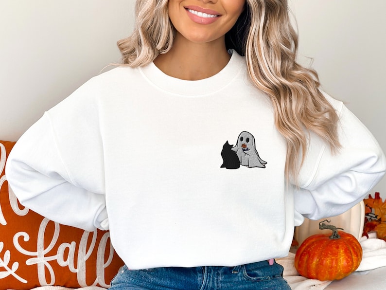 Embroidered Ghost & Cat Halloween Sweatshirt Crewneck Sweatshirt All Over Print Sweatshirt For Women Sweatshirt For Men Sws2575