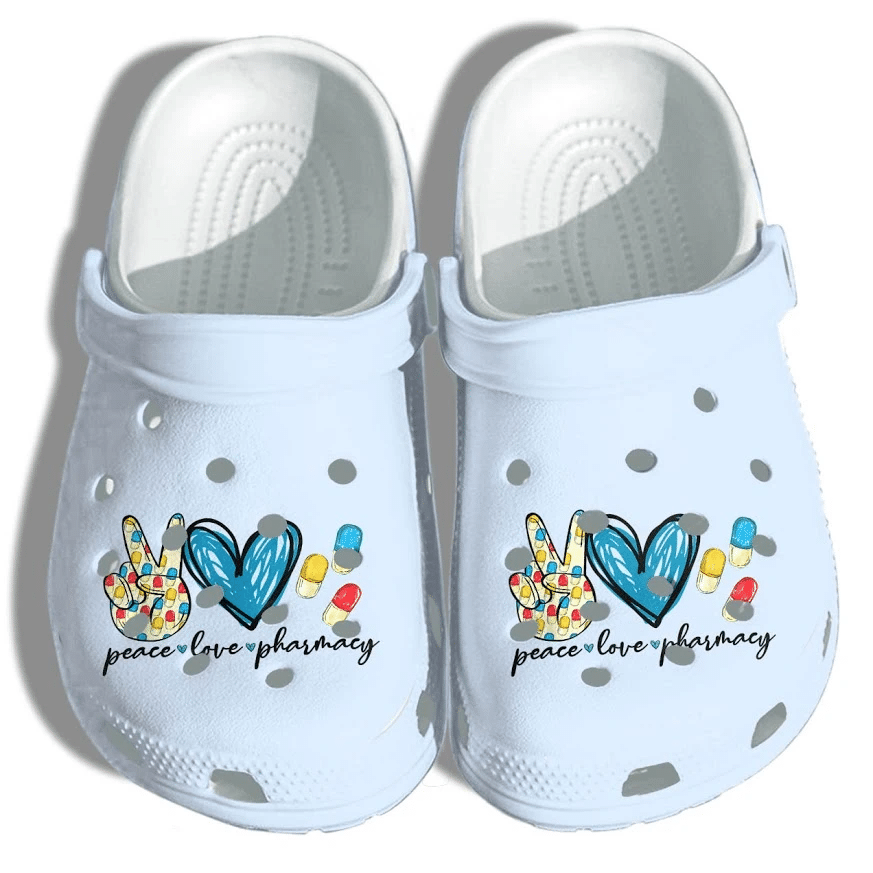 Peace Love Healthcare Shoes Crocs Gift For Pharmacist- Pharmacy Clog Birthday Gifts For Man Woman