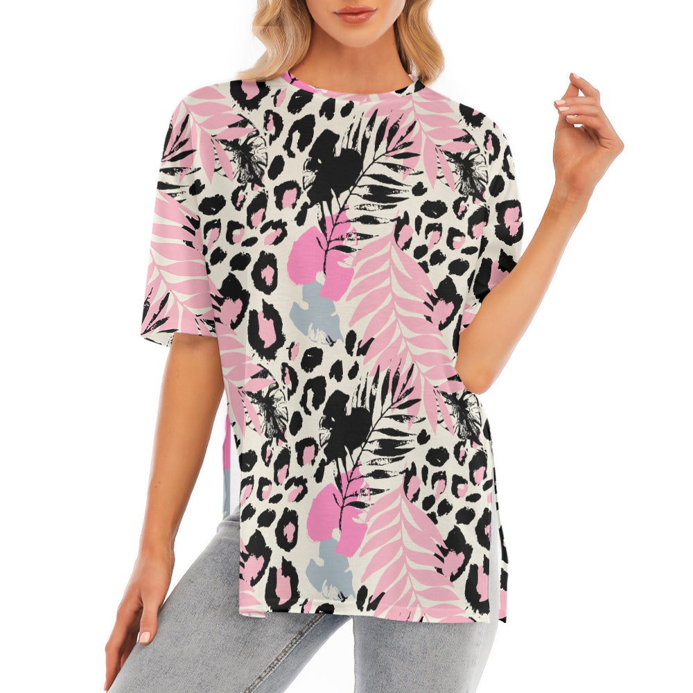 Abstract Exotic Leopard Skin Short Sleeve T-Shirt With Hem Split