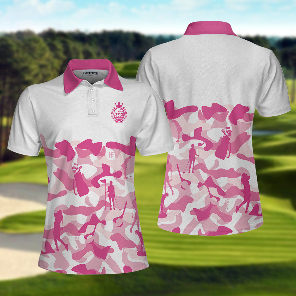 Pink Camouflage Pattern With Women Golfer Short Sleeve Women Polo Shirt, White And Pink Camo Golf Shirt For Ladies Coolspod