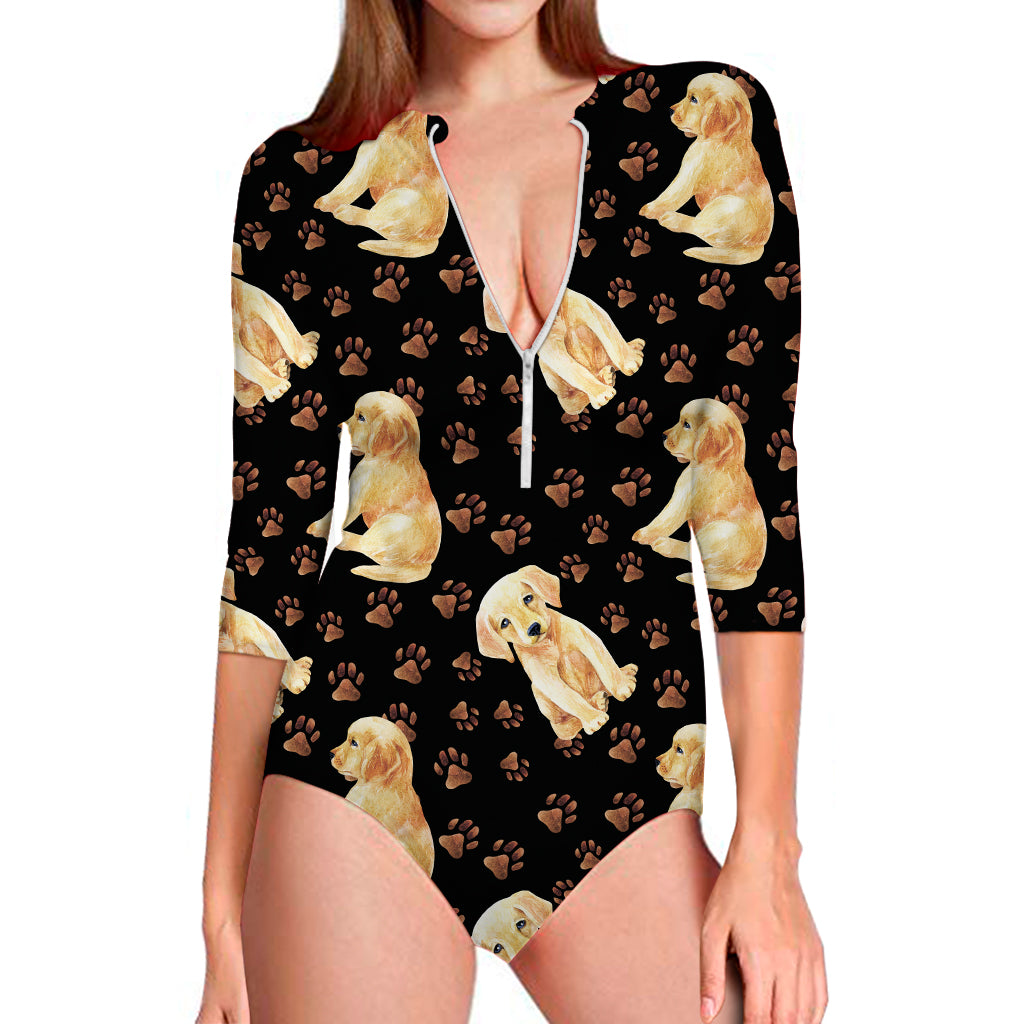 Labrador Retriever Puppy Pattern Print Long Sleeve One Piece Swimsuit