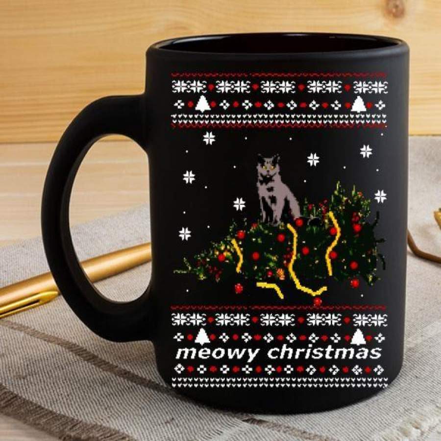 Ugly Sweater – Christmas Tree Knocked Down By A Cat 11 oz Mug