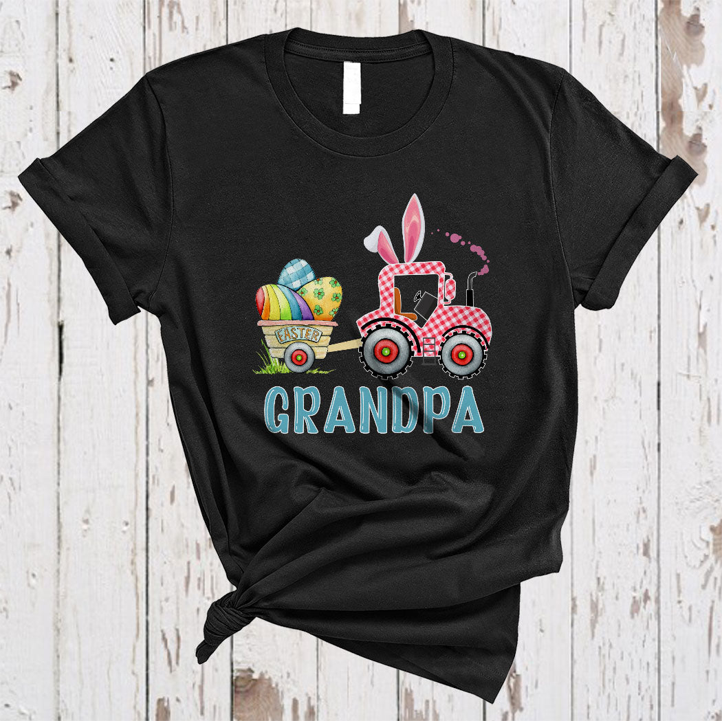 Grandpa Funny Happy Easter Leopard Plaid Bunny Tractor Carrying Easter Eggs Farmer Family Group T-Shirt