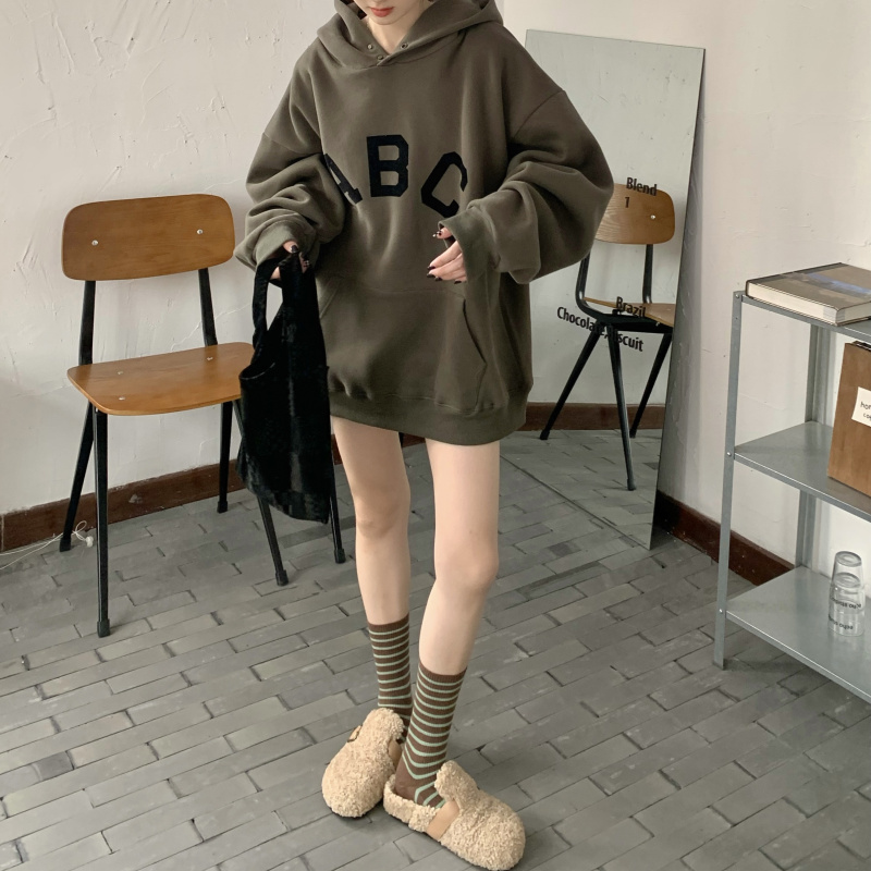 Vintage Hooded Sweatshirt Streetwear Light Gray Dark Green Long Sleeve Oversized Hoodie Winter Warm Cotton Fleece Hoodies Women alx