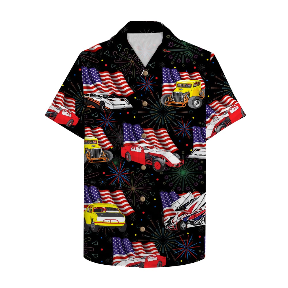 Dirt Track Racing Hawaiian Shirt With Car And Flag Pattern Ha107553