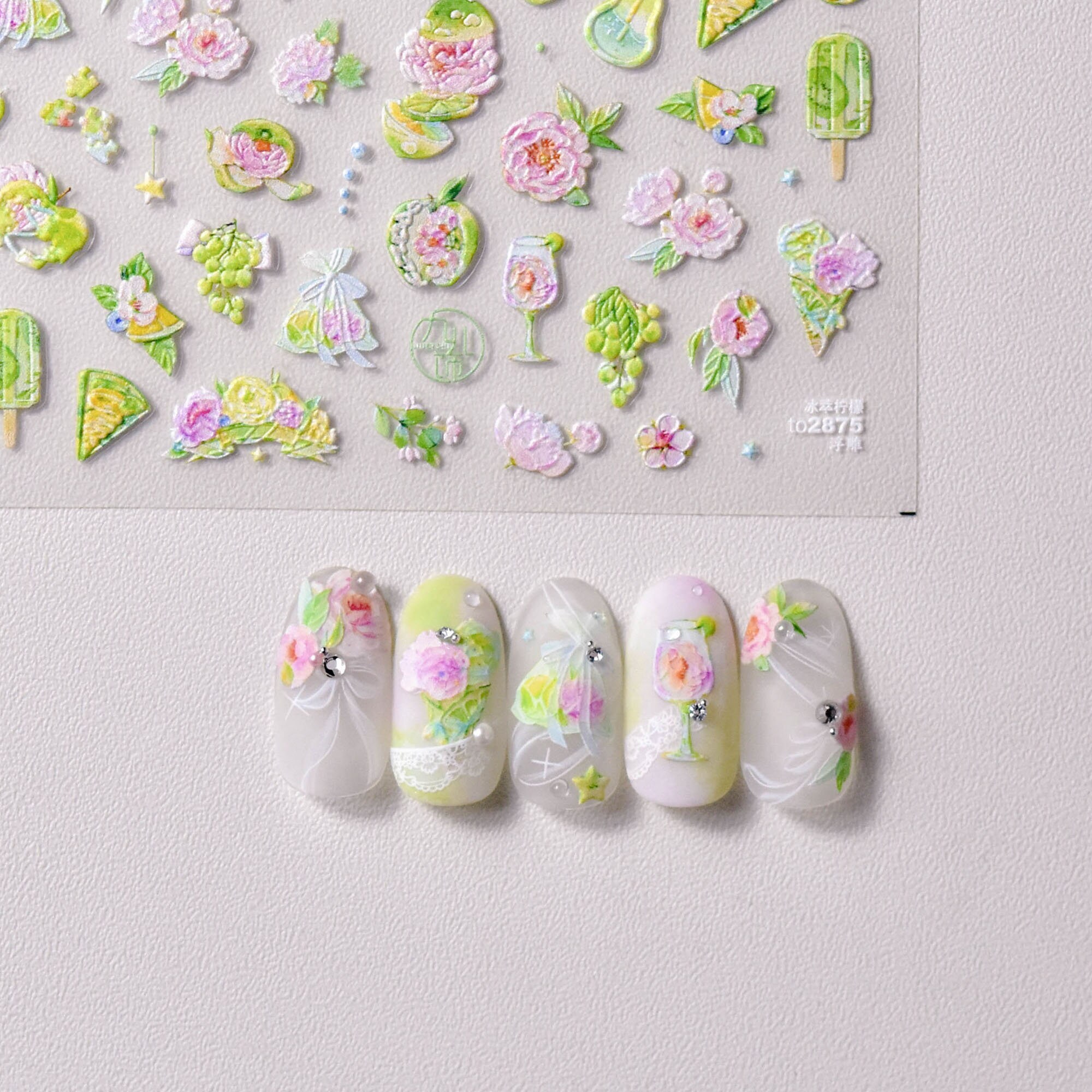 Summer Flower And Ice Cream Nail Stickers, Summer Nail Decals, Green Nail Decals, Floral Nail Stickers, 3D Nail Decals, DIY Nails