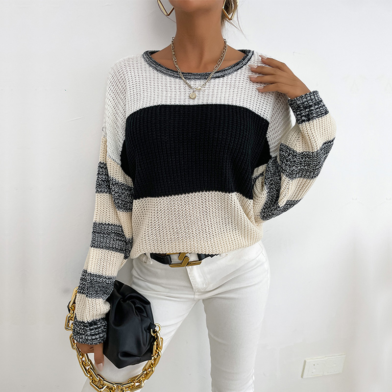 Winter 2021 All-match Loose Patchwork Sweater Pullover O-neck Long-sleeve Knitted Top Autumn Casual Stitch Stripe Pullover 17971 alx