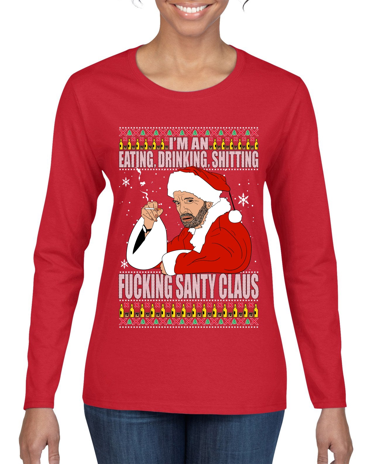 Bad Santa Fucking Santy Claus Ugly Christmas Sweater Womens Graphic Long Sleeve T-Shirt