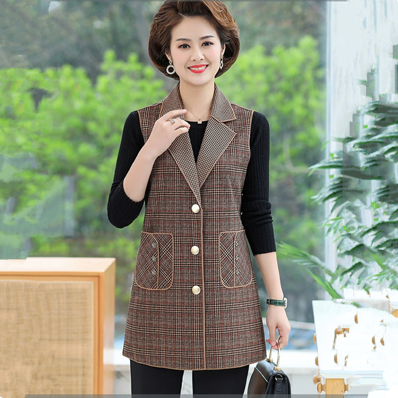 UHYTGF Mother Spring Autumn Vest Jacket Fashion Plaid Sleeveless Casual Loose Size Tops Coat Mid-Length Women Thin Waistcoat1751 alx