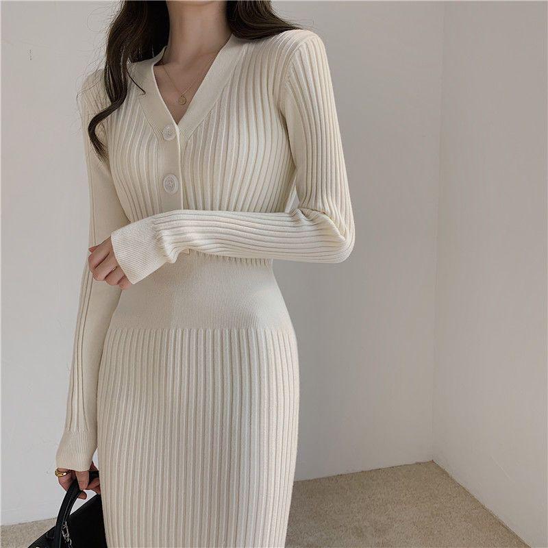 V-neck Long Sleeve Knitted Dresses For Women Party Robe Female Autumn Winter Retro Sweater Bodycon Dress Lady Slim Vestido alx