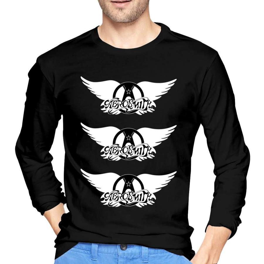 Aerosmith Print Mans T-Shirt Crew Neck Print Long Sleeve Tee Tops Black