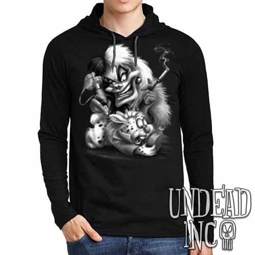 Villains Cruella De Vil Tattooing White Rabbit Black Grey Mens Long Sleeve Hooded Shirt