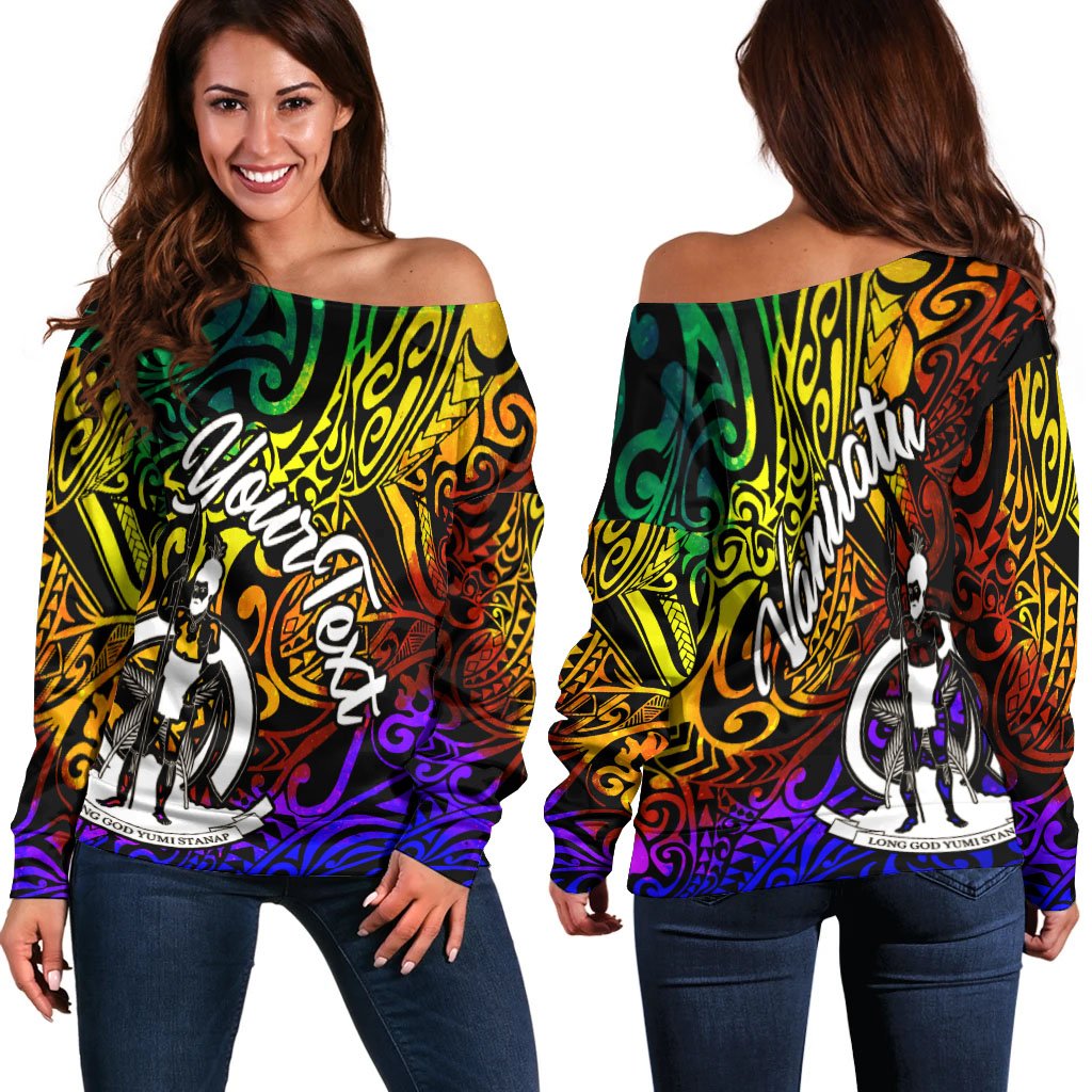 Vanuatu Custom Personalised Women’s Off Shoulder Sweater – Rainbow Polynesian Pattern – BN11