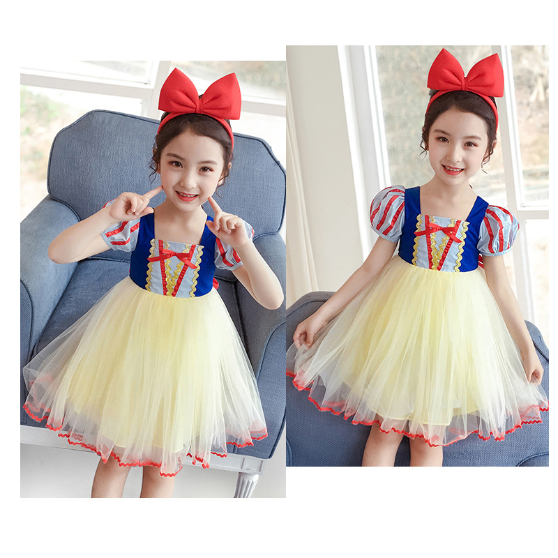 2021 New Summer Girls Dress Bow Snow White Cosplay Princess Dress For Girl Kids Birthday Present Toddler Children Clothing alx