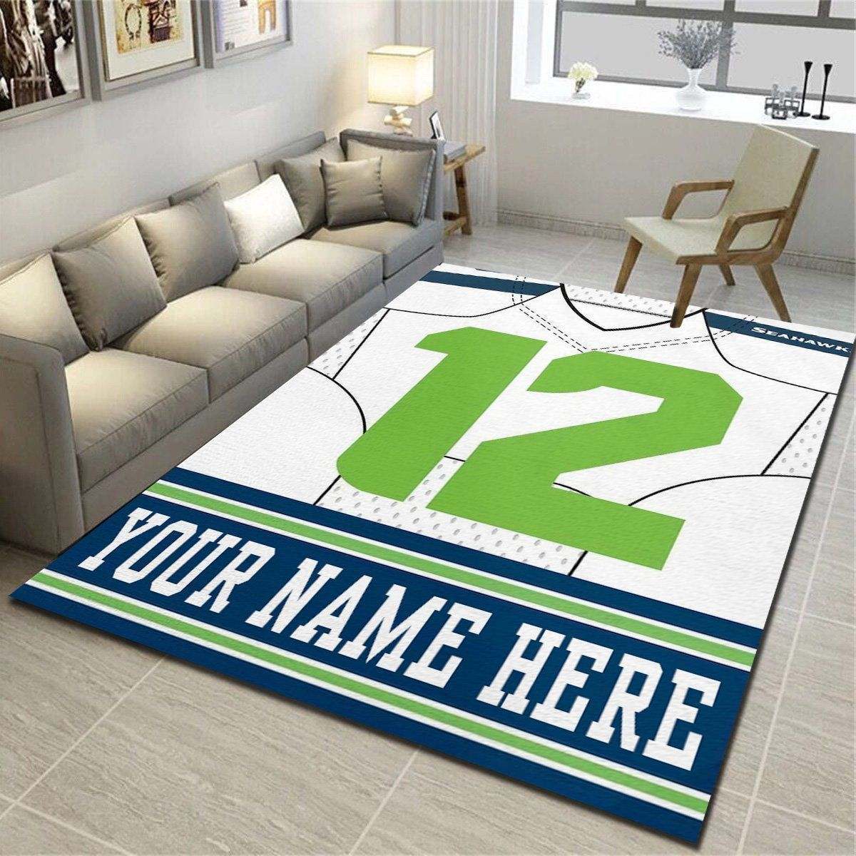 Seattle Seahawks Personalized Rug, Team Living Room Bedroom Carpet, Customized Fan Cave Floor Mat