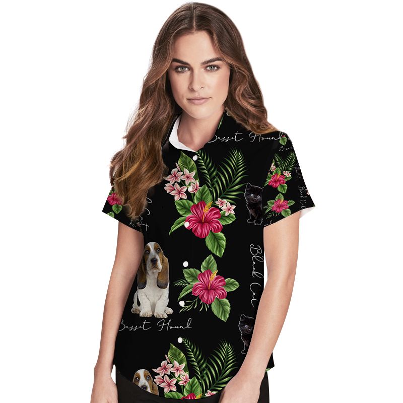 Basset Hound And Black Cat Hibiscus Women Hawaiian Shirt For Pets Lovers In Daily Life Ha71021