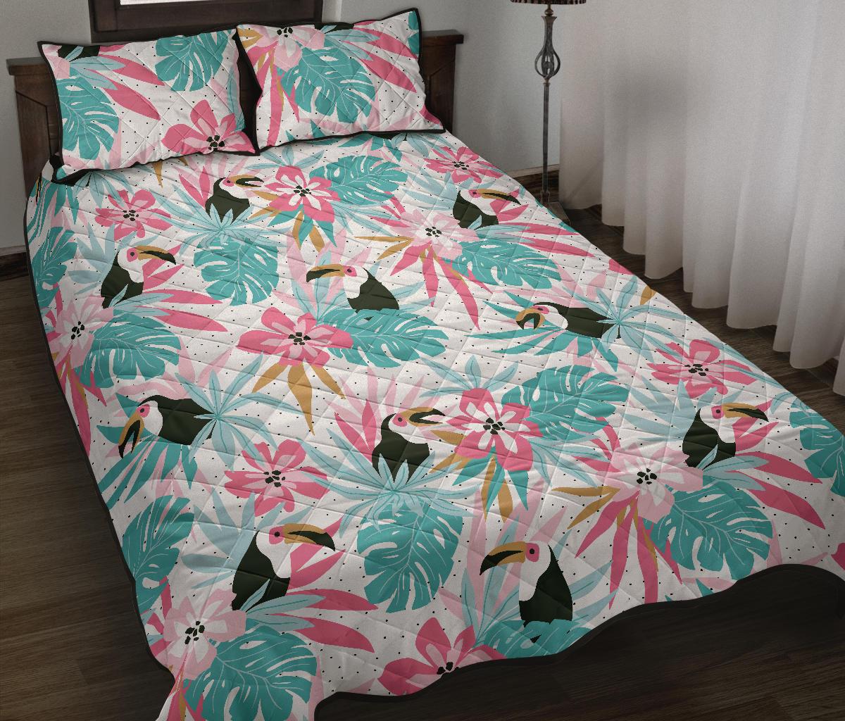 Toucan tropical flower leave pattern Quilt Bed Set