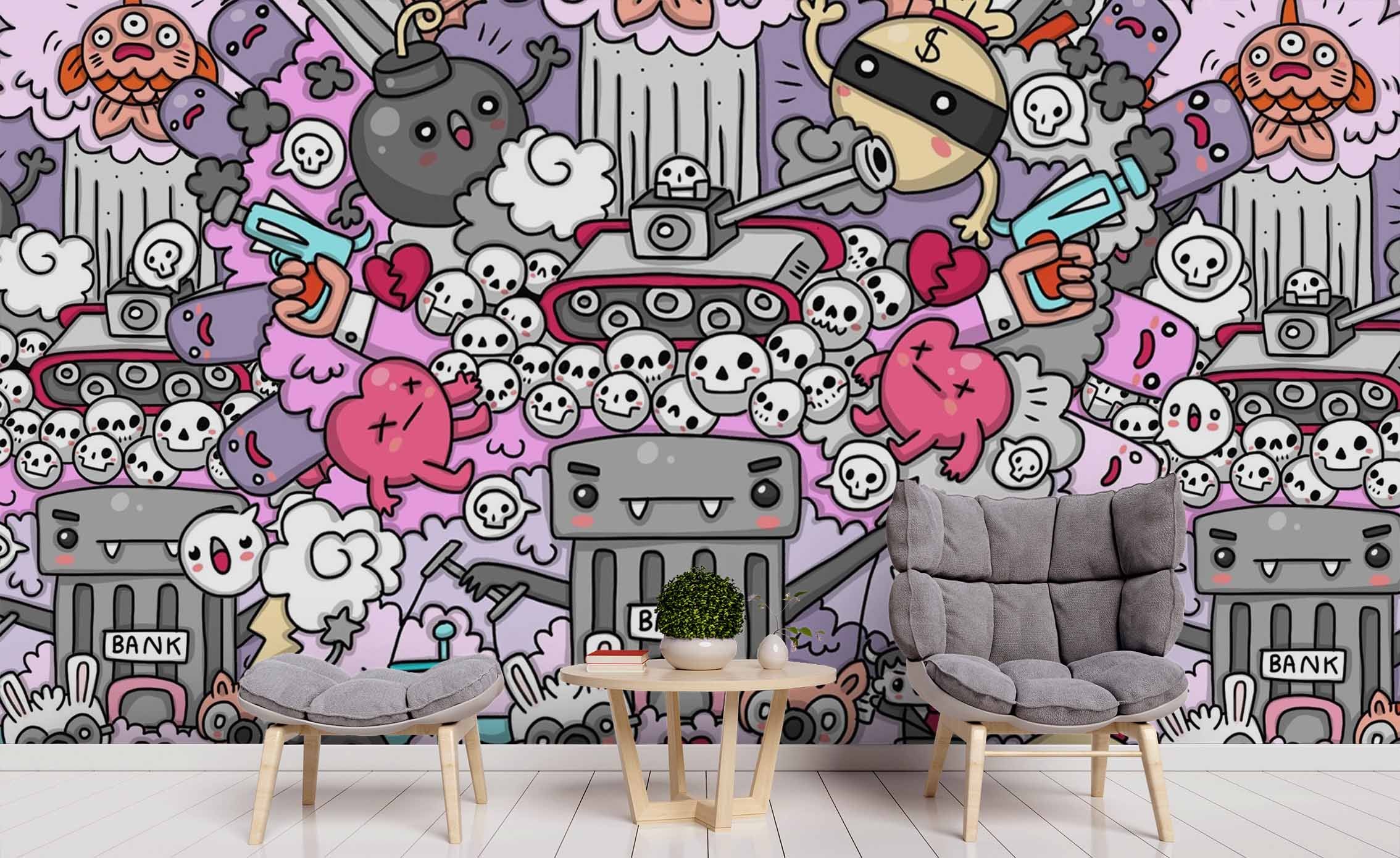 3D Colorized Graffiti Monster Skull Tige Rabbit Wall Mural Wallpaper Zy D30