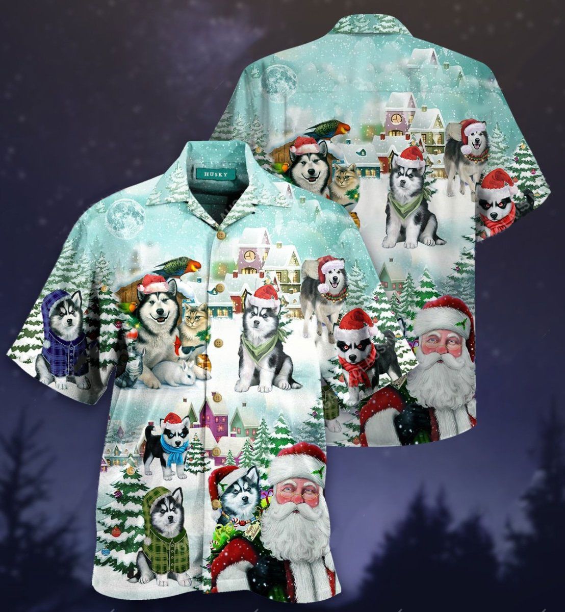TJJ242011H99GB HUSKY MERRY CHRISTMAS BUTTON SHIRT QQ