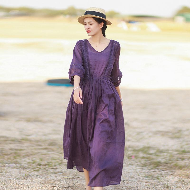 ZCWXM Summer Cotton Hemp Long Dress Women Three Quarter Sleeve Loose Korean Lace Up V-neck Solid Lace Stitched Casual Maxi Dress alx