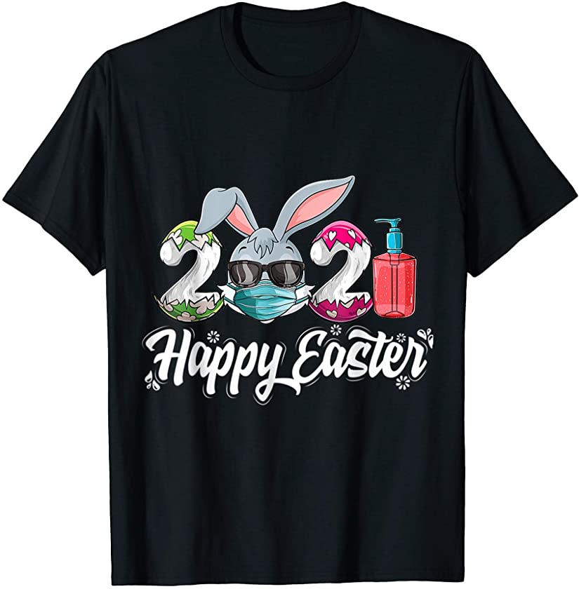 Women Men Bunny Wearing Mask Colorful Egg Happy Easter Day T-Shirt