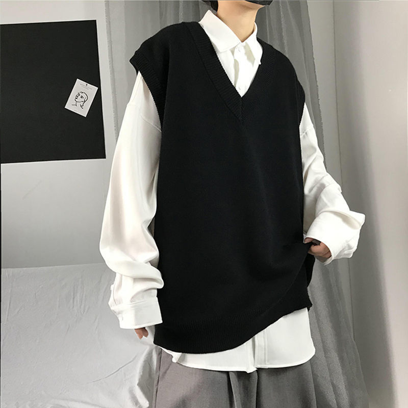 2021 Autumn New Lake Blue Korean Fashion Men Pullover Oversized Sweater Vest Men Loose Casual Harajuku Waistcoat Knit Vest alx