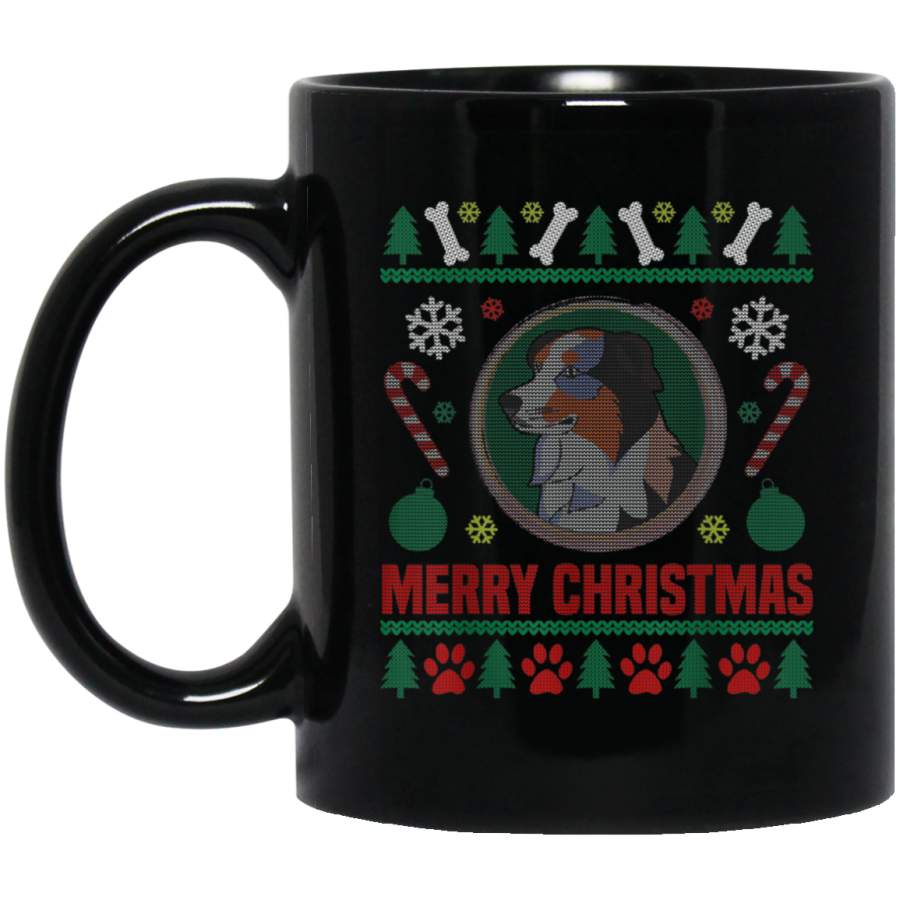 Australian Shepherd Dog Breed Ugly Christmas Sweater 11 oz 15 oz Mug Black