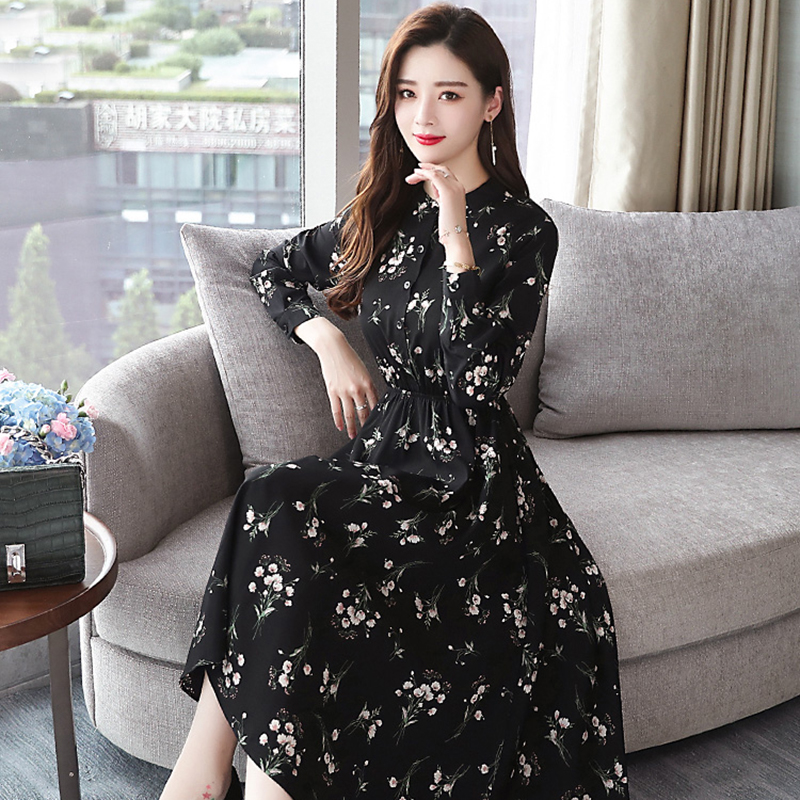 Autumn Winter Black Vintage Floral Chiffon Midi Dress Plus Size Boho Dresses 2019 Elegant Women Party Long Sleeve Dress Vestidos alx