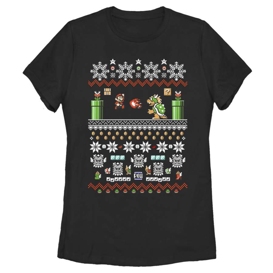 Nintendo Women’s Ugly Christmas Mario and Bowser  T Shirt