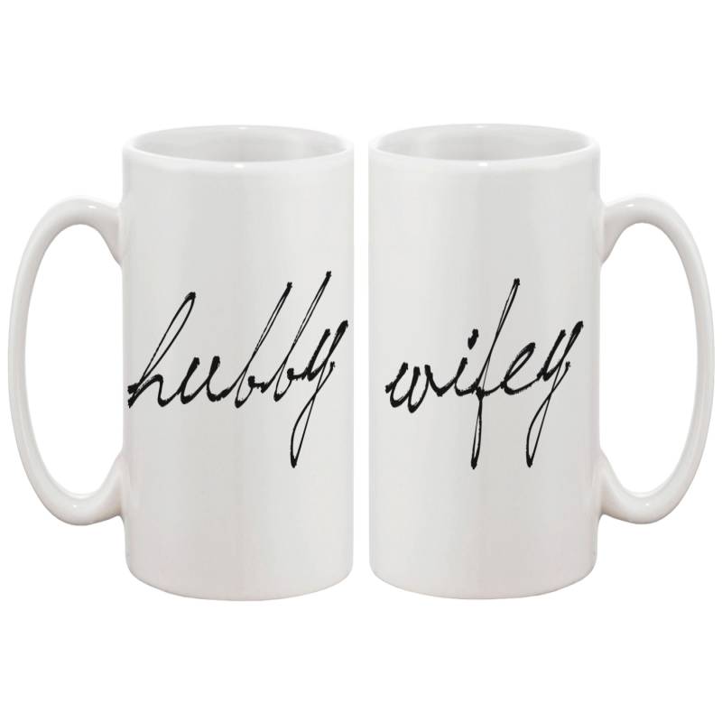 Hubby and Wifey Calligraphy Style Couple Matching Coffee Mugs for Couples