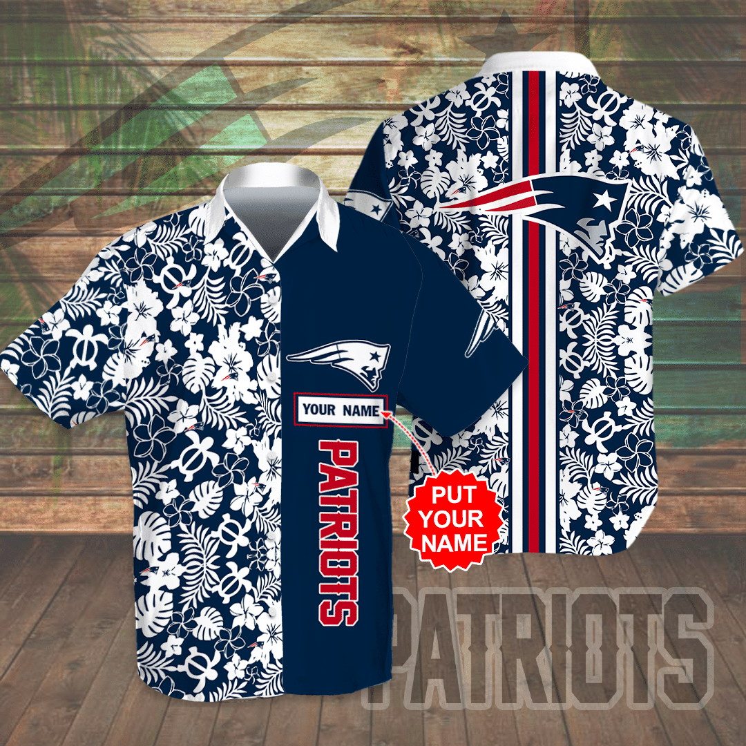 Personalized New England Patriots All Over Print 3D Flowery Aloha Summer Beach Hawaiian Shirt & Beach Shorts – Navy