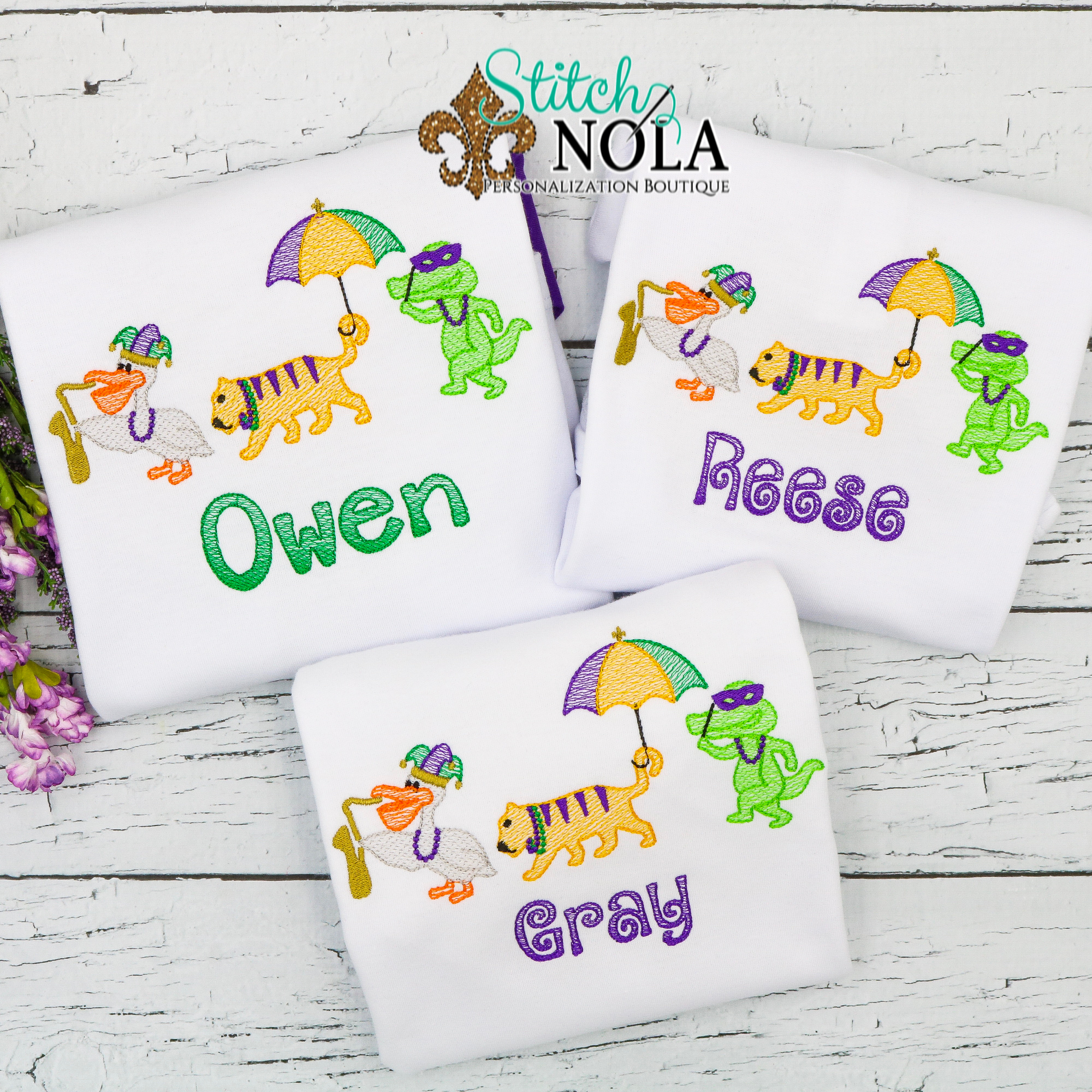 Personalized Mardi Gras Animal Parade Trio Sketch Shirt